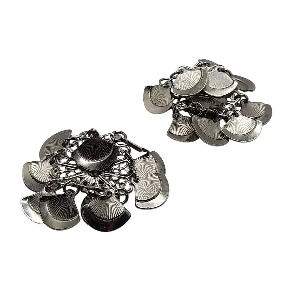 Vintage 1960s Fan Shaped Dangling Clip Earrings, Silver Tone Filigree, 1 1/4 In.
